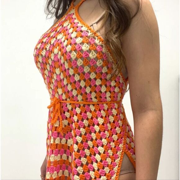 Davi & Dani Multicolor Orange Pink Crochet Halter Layered Wrap Tie Waist Dress - Picture 4 of 13